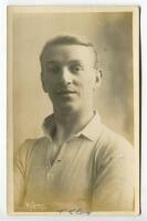 Thomas Clay. Tottenham Hotspur 1914-1929. Sepia real photograph postcard of Clay, head and shoulders, in Spurs shirt. W.J. Crawford of Edmonton. Dated ‘1920’. ‘T. Clay’ handwritten to lower border. Odd minor faults otherwise in good/very good condition P