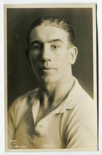 Alexander Findlay Lindsay. Tottenham Hotspur 1919-1929. Sepia real photograph postcard of Lindsay, head and shoulders, in Spurs shirt. Title ‘Lindsay’ to lower border. W.J. Crawford of Edmonton. Minor silvering to card edges otherwise in good/very good co