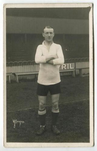 Thomas Clay. Tottenham Hotspur 1914-1929.. Mono real photograph postcard of Clay, full length, in Spurs attire. W.J. Crawford of Edmonton postcard. Minor wear to right hand edge of card otherwise in good/very good condition Postally unused.