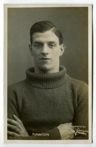 George Maddison. Tottenham Hotspur 1922-1923. Mono real photograph postcard of goalkeeper Maddison, head and shoulders, in Spurs jersey. Title ‘Maddison’ printed to lower border. W.J. Crawford of Edmonton postcard. Good/very good condition Postally unuse