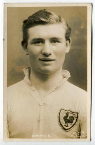 James Henry Dimmock. Tottenham Hotspur 1919-1930. Sepia real photograph postcard of Dimmock, head and shoulders, in Spurs shirt. Title ‘Dimmock’ printed to lower border. W.J. Crawford of Edmonton postcard, dated 1920. Good/very good condition Postally un