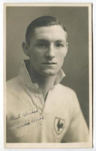 Leslie Francis Howe. Tottenham Hotspur 1930-1939. Mono real photograph postcard of Howe, half length, wearing Spurs shirt. Signed in ink by Howe. Appears to be a W.J. Crawford of Edmonton postcard. Good/very good condition Postally unused