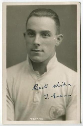 Thomas Evans. Tottenham Hotspur 1929-1936. Mono real photograph postcard of Evans, half length, wearing Spurs shirt. Very nicely signed in ink by Evans. Name printed to lower border. Appears to be a W.J. Crawford of Edmonton postcard. Good/very good condi
