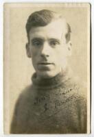 John ‘Jock’ Britton. Tottenham Hotspur 1926-1927. Sepia real photograph postcard of goalkeeper Britton, half length, wearing Spurs jersey. Signed in ink by Britton. Appears to be a W.J. Crawford of Edmonton postcard. Minor surface marks otherwise in good 