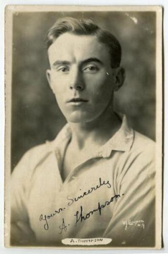 Andrew Thompson. Tottenham Hotspur 1920-1930. Mono real photograph postcard of Thompson, half length, wearing Spurs shirt. Very nicely signed in ink by Thompson. Name printed to lower border. W.J. Crawford of Edmonton postcard. Good/very good condition P