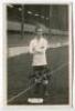 James Andrew Banks. Tottenham Hotspur 1913-1923. Mono real photograph postcard of Thompson, full length, wearing Spurs attire in front of the main stand. Very nicely signed in ink by Thompson. Name printed to lower border. W.J. Crawford of Edmonton postca