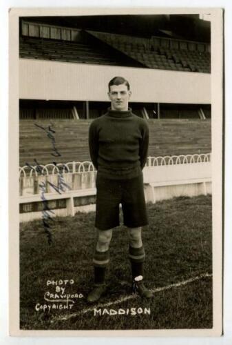 George Maddison. Tottenham Hotspur 1922-1923. Mono real photograph postcard of goalkeeper Blake, full length, in Spurs attire in front of the main stand. Signed in ink by Blake. Title ‘Maddison’ to lower border. W.J. Crawford of Edmonton postcard. Good/ve