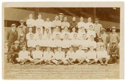 Tottenham Hotspur F.C. 1914/15. Early sepia real photograph postcard of the playing staff, officials and Directors, standing and seated in rows, with title and players names printed to lower border. F.W.Jones, Tottenham. Postally unused. Wear to card edge