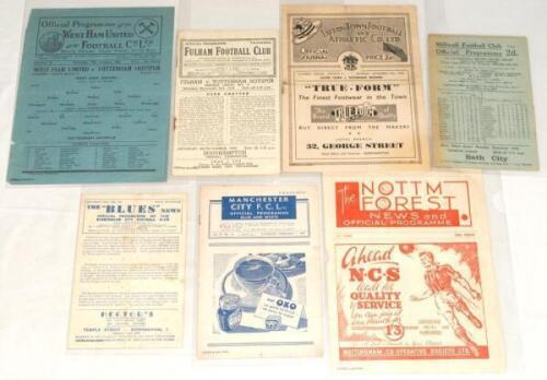 Tottenham Hotspur. Season 1946/1947. Seven League away programmes for the season. Football League Division II. Matches v West Ham United, Fulham, Luton Town, Millwall, Birmingham City, Manchester City and Nottingham Forest. Some wear, folds and age toning