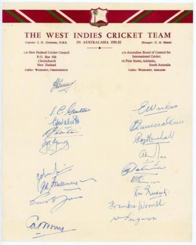 West Indies tour to Australia and New Zealand 1951/52. Very rare official autograph sheet nicely and fully signed in ink by all eighteen members of the touring party on official tour letterhead. Signatures are Goddard (Captain), Guillen, Walcott, Christia
