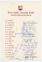 West Indies tour to Australia and New Zealand 1968/69. Rare official autograph card with printed title and players’ names. Signed to the card by sixteen playing members of the touring party. Players’ signatures are Butcher, Camacho, Carew, Davis, Edwards,