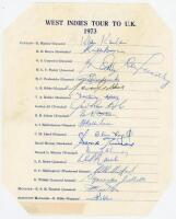 West Indies tour to England 1973. Official autograph sheet with printed title and players’ names. Nicely signed by the eighteen members of the touring party. Signatures are Kanhai (Captain), Boyce, Foster, Fredericks, L. Gibbs, Headley, Holder, Inshan Ali