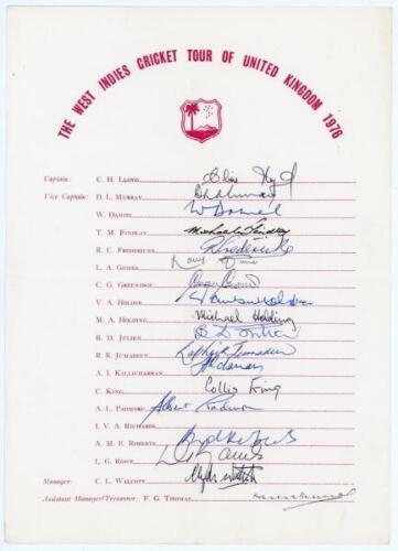 West Indies tour to England 1976. Official autograph sheet with printed title and players&rsquo; names. Nicely and signed by eighteen members of the touring party. Signatures are Lloyd (Captain), Murray, Daniel, Findlay, Fredericks, Gomes, Greenidge, Holder, Ho