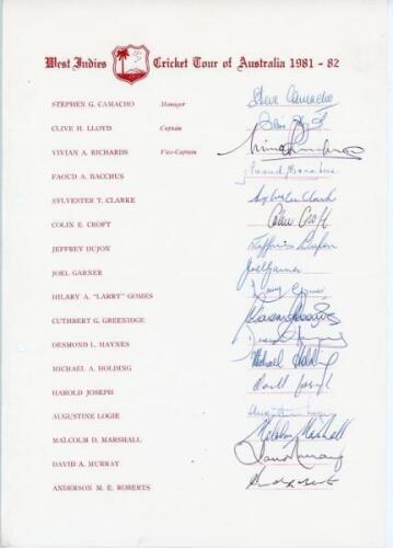 West Indies tour to Australia 1981/82. Rare official autograph sheet with printed title and player’s names, nicely and fully signed by the seventeen members of the West Indies touring party. Signatures are Lloyd (Captain), Richards, Bacchus, Clarke, Croft