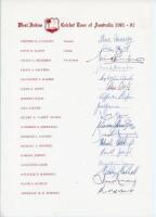 West Indies tour to Australia 1981/82. Rare official autograph sheet with printed title and player’s names, nicely and fully signed by the seventeen members of the West Indies touring party. Signatures are Lloyd (Captain), Richards, Bacchus, Clarke, Croft