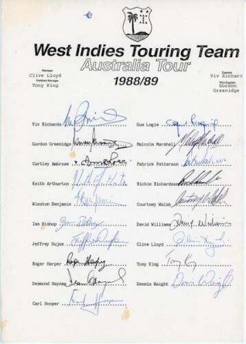 West Indies tour to Australia 1988/89. Official autograph sheet with printed title and players&rsquo; names, fully signed by all nineteen members of the touring party. Signatures are Richards (Captain), Greenidge, Ambrose, Arthurton, Benjamin, Bishop, Dujon, Ha