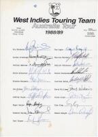 West Indies tour to Australia 1988/89. Official autograph sheet with printed title and players’ names, fully signed by all nineteen members of the touring party. Signatures are Richards (Captain), Greenidge, Ambrose, Arthurton, Benjamin, Bishop, Dujon, Ha