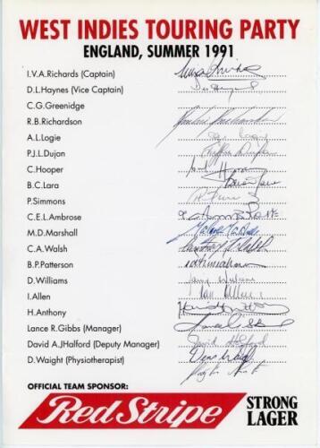 West Indies tour to England 1991. Two official autograph sheets, each with printed titles, players’ names and ‘Red Stripe’ sponsor’s logo. One signed by nineteen members of the touring party (lacking the signature of Greenidge), the other by fifteen (lack