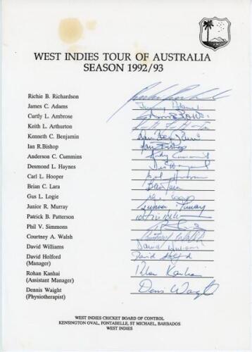 West Indies tour of Australia 1992/93. Official autograph sheet with printed title and players’ names, fully signed in ink by all nineteen members of the touring party. Signatures are Richardson (Captain), Adams, Ambrose, Arthurton, Benjamin, Bishop, Cumm