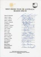 West Indies tour of Australia 1992/93. Official autograph sheet with printed title and players’ names, fully signed in ink by all nineteen members of the touring party. Signatures are Richardson (Captain), Adams, Ambrose, Arthurton, Benjamin, Bishop, Cumm