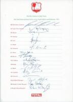 West Indies 1993. Official autograph sheet with printed title and players’ names, signed in ink by fifteen of the listed members of the West Indies team who played South Africa and Pakistan in the West Indies in 1993. Signatures are Richardson (Captain), 