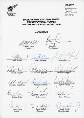 West Indies tour to New Zealand 1995. Official autograph sheet for the Bank of New Zealand one day international series with printed title and players’ names, fully signed in ink by the seventeen listed members of the West Indies touring party. Signatures