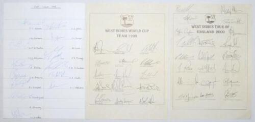 West Indies unofficial tour sheets 1995-2007. Six unofficial autograph sheets for West Indies tours to England 1995 (13 signatures), World Cup 1999 (15), to England 2000 (two sheets, one signed by 21, the other by 20), to South Africa 2001 (14), and to En