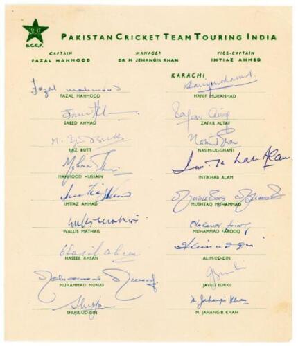 Pakistan tour to India 1961. Rare official autograph sheet with printed title and players’ names, fully signed in ink by all eighteen listed members of the touring party. Signatures are Fazal Mahmood, Hanif Mohammad, Saeed Ahmad, Zafar Altaf, Ijaz Butt, N