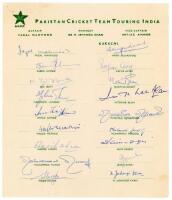 Pakistan tour to India 1961. Rare official autograph sheet with printed title and players’ names, fully signed in ink by all eighteen listed members of the touring party. Signatures are Fazal Mahmood, Hanif Mohammad, Saeed Ahmad, Zafar Altaf, Ijaz Butt, N