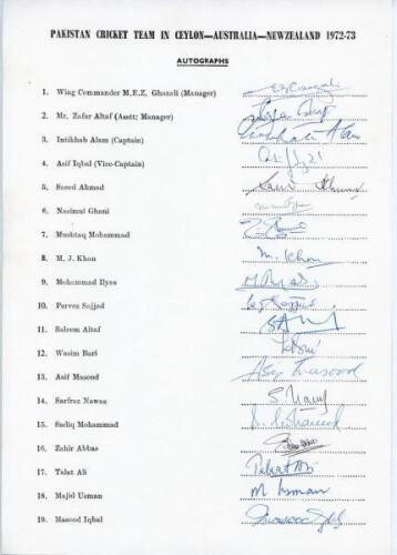 Pakistan tour to Ceylon, Australia and New Zealand 1972/73. Rare official autograph sheet with printed title and players’ names, fully signed in ink by all nineteen listed members of the touring party. Signatures are Intikhab Alam (Captain), Asif Iqbal, S