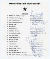 Pakistan tour to England 1974. Official autograph sheet with printed title and players’ names, signed in ink by seventeen of the listed members of the touring party. Signatures are Intikhab Alam (Captain), Asif Iqbal, Majid Khan, Mushtaq Mohammad, Wasim B