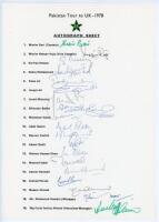 Pakistan tour to England 1978. Official autograph sheet with printed title and players’ names, fully signed in ink in different coloured pens by all nineteen of the listed members of the touring party. Signatures are Wasim Bari (Captain), Wasim Raja, Sarf