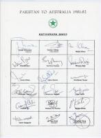 Pakistan tour to Australia 1981/82. Rarer official autograph sheet with printed title and players’ names, fully signed in ink by all eighteen of the listed members of the touring party. Signatures are Javed Miandad (Captain), Zaheer Abbas, Majid Khan, Was