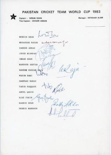 Pakistan team for the Prudential World Cup 1983 in England. Official autograph sheet with printed title and players’ names, signed in ink by thirteen of the listed members of the touring party. Signatures are Imran Khan (Captain), Mohsin Khan, Zaheer Abba