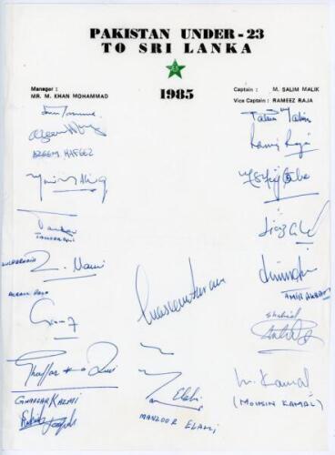 Pakistan Under-23 tour to Sri Lanka 1985. Official autograph sheet with printed title, signed in ink by seventeen members of the touring party. Signatures include Salim Malik (Captain), Azeem Hafeez, Ijaz Ahmed, Shahid Anwar, Rameez Raja, Manzoor Elahi, Z