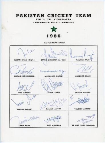 Pakistan tour to Australia (America Cup- Perth) 1986. Official autograph sheet with printed title and players’ names, fully signed in ink by all fifteen listed members of the touring party. Signatures are Imran Khan (Captain), Javed Miandad, Rameez Raja, 