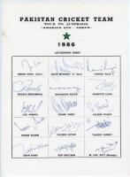 Pakistan tour to Australia (America Cup- Perth) 1986. Official autograph sheet with printed title and players’ names, fully signed in ink by all fifteen listed members of the touring party. Signatures are Imran Khan (Captain), Javed Miandad, Rameez Raja, 