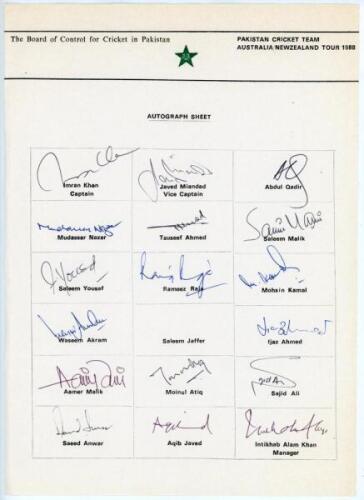 Pakistan tour to Australia & New Zealand 1988. Official autograph sheet with printed title and players’ names, signed in ink by seventeen of the listed members of the touring party. Signatures are Imran Khan (Captain), Javed Miandad, Abdul Qadir, Mudassar