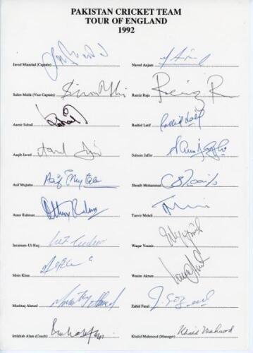 Pakistan tour to England 1992. Official autograph sheet with printed title and players’ names, fully signed in ink by all twenty of the listed members of the touring party. Signatures are Javed Miandad (Captain), Saleem Malik, Aamir Sohail, Aaqib Javed, A