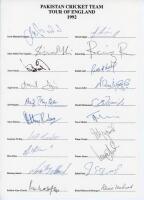 Pakistan tour to England 1992. Official autograph sheet with printed title and players’ names, fully signed in ink by all twenty of the listed members of the touring party. Signatures are Javed Miandad (Captain), Saleem Malik, Aamir Sohail, Aaqib Javed, A