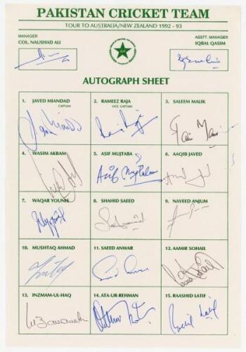 Pakistan tour to Australia & New Zealand 1992/93. Official autograph sheet with printed title and players’ names. Fully signed in ink by all seventeen listed members of the touring party. Signatures are Javed Miandad (Captain), Rameez Raja, Saleem Malik, 