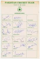 Pakistan tour to Sri Lanka 1994. Rarer official autograph sheet with printed title and players’ names. Signed in ink by sixteen listed members of the touring party. Signatures are Saleem Malik (Captain), Asif Mujtaba, Rameez Raja, Wasim Akram, Waqar Youni