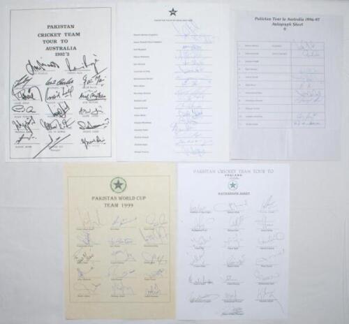 Pakistan unofficial autograph sheets 1992-2006. Five unofficial sheets for Pakistan tours to Australia 1992/93 (17 signatures), to England 1996 (17), to Australia 1996/97 (15), World Cup 1999 (15), and to England 2006 (19). Signatures include Javed Mianda