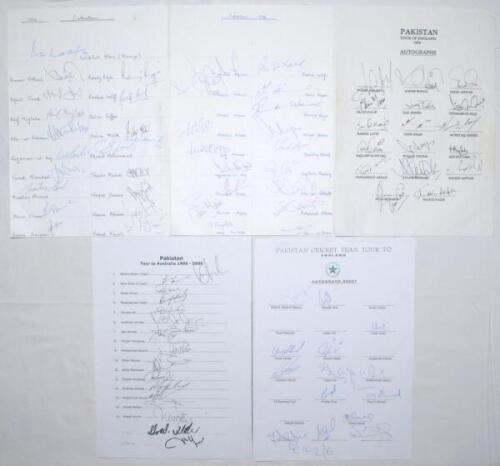 Pakistan unofficial autograph sheets 1992-2010. Five unofficial sheets for Pakistan tours to Australia 1992/93 (18 signatures), to Australia 1996 (17), to England 1996 (17), to Australia 1999/2000 (18), and to England 2010 (15). Signatures include Aamir S