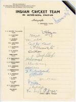 India tour to Australia 1947/48. Very rare official autograph sheet with printed title and players’ names, fully signed in ink by all eighteen listed members of the touring party. Signatures are Amarnath (Captain), Hazare, Nayudu, Mankad, Gul Mahomed, Soh