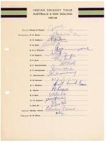 India tour to Australia & New Zealand 1967/68. Rarer official autograph sheet with printed title and players’ names, fully signed in ink by all eighteen listed members of the touring party. Signatures are Nawad of Pataudi (Captain), Borde, Nadkarni, Desai