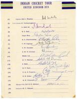 India tour to England 1974. Official autograph sheet with printed title and players’ names, signed in ink by sixteen of the listed members of the touring party. Signatures are Wadekar (Captain), Abid Ali, Bedi, Bose, Chandrasekhar, Engineer, Gavaskar, Kir