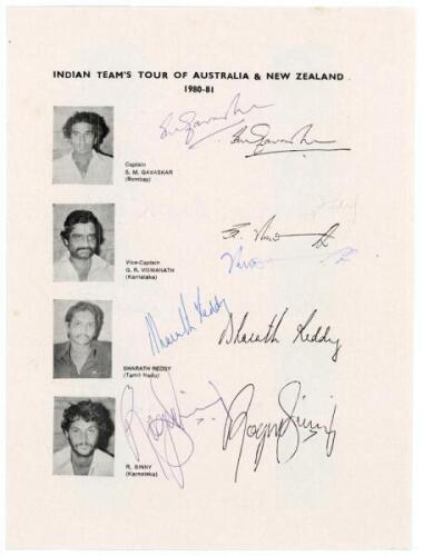 India tour to Australia & New Zealand 1980/81. Four page printed autograph sheet with mono images and facsimile signatures of the eighteen members of the India touring party, and signed in ink by all eighteen. Signatures are Gavaskar, (Captain), Vishwanat