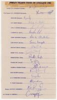 India tour to England 1982. Official autograph sheet with printed title and players’ names, fully signed in ink by the eighteen listed members of the India touring party. Signatures are Gavaskar, (Captain), Vishwanath, Kapil Dev, Doshi, Kirmani, Madal Lal