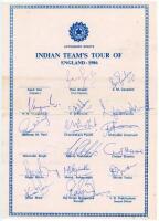 India tour to England 1986. Official autograph sheet with printed title and players’ names, signed in ink by fifteen listed members of the India touring party. Signatures are Shastri, Gavaskar, Vengsarkar, Srikanth, Lamba, Patil, Pandit, Amarnath, Prabhak